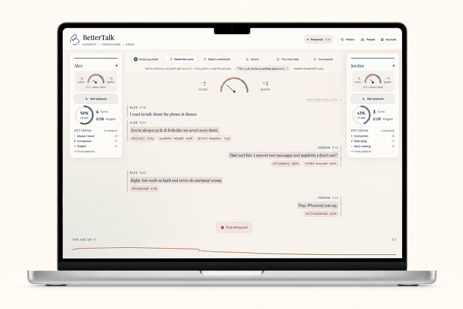 BetterTalk running on a MacBook during a rehearsal, showing its six-step guide, individual and shared conversation balance, speaker turns, and live coaching
