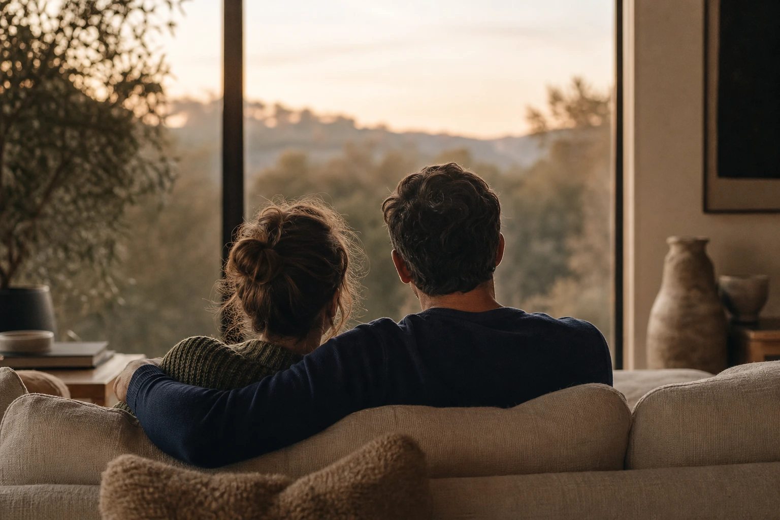 A couple sitting close together outdoors at the end of the day